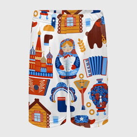 Детские спортивные шорты 3D с принтом Традиционный поп арт в Новосибирске,  100% полиэстер
 | пояс оформлен широкой мягкой резинкой, ткань тянется
 | Тематика изображения на принте: pop art | style | балалайка | матрешка | медведь | поп арт | яркие | яркое
