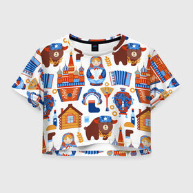 Женская футболка 3D укороченная с принтом Традиционный поп арт в Новосибирске, 100% полиэстер | круглая горловина, длина футболки до линии талии, рукава с отворотами | pop art | style | балалайка | матрешка | медведь | поп арт | яркие | яркое