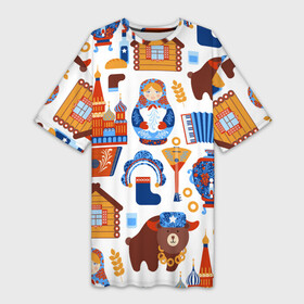 Платье-футболка 3D с принтом Традиционный поп арт в Новосибирске,  |  | pop art | style | балалайка | матрешка | медведь | поп арт | яркие | яркое