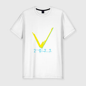 Мужская футболка премиум с принтом V   CYBERPUNK 2077 в Новосибирске, 92% хлопок, 8% лайкра | приталенный силуэт, круглый вырез ворота, длина до линии бедра, короткий рукав | 