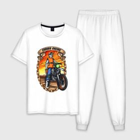 Мужская пижама хлопок с принтом Мотоциклист в Новосибирске, 100% хлопок | брюки и футболка прямого кроя, без карманов, на брюках мягкая резинка на поясе и по низу штанин
 | racing | гонка | гонки | горные | мото | мотоцикл | мотоциклы | рейсинг