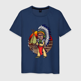 Мужская футболка хлопок с принтом Индеец в Новосибирске, 100% хлопок | прямой крой, круглый вырез горловины, длина до линии бедер, слегка спущенное плечо. | ацтек | ацтеки | индеец | индейцы | инди | коренные американцы | перья