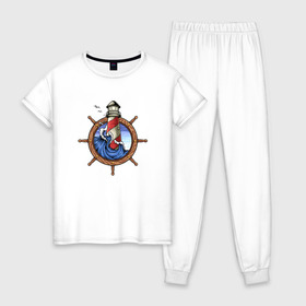 Женская пижама хлопок с принтом Маяк в Новосибирске, 100% хлопок | брюки и футболка прямого кроя, без карманов, на брюках мягкая резинка на поясе и по низу штанин | капитан | летние | летняя | лето | маяк | море | морские | моряк | океан | руль