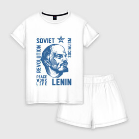 Женская пижама с шортиками хлопок с принтом Ленин в Новосибирске, 100% хлопок | футболка прямого кроя, шорты свободные с широкой мягкой резинкой | lenin | revolution | soviet | star | ussr | звезда | ленин | мир труд май | о.м.с.к. | революция | советский союз | социализм | ссср