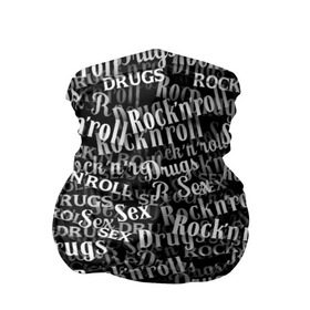 Бандана-труба 3D с принтом Sex, Drugs & Rock`n`Roll в Новосибирске, 100% полиэстер, ткань с особыми свойствами — Activecool | плотность 150‒180 г/м2; хорошо тянется, но сохраняет форму | Тематика изображения на принте: jack daniel’s | белый | паттерн | рок | рок н ролл | рокнролл | текст | черный