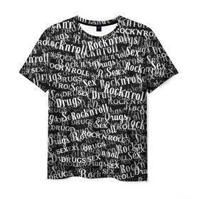 Мужская футболка 3D с принтом Sex, Drugs & Rock`n`Roll в Новосибирске, 100% полиэфир | прямой крой, круглый вырез горловины, длина до линии бедер | jack daniel’s | белый | паттерн | рок | рок н ролл | рокнролл | текст | черный