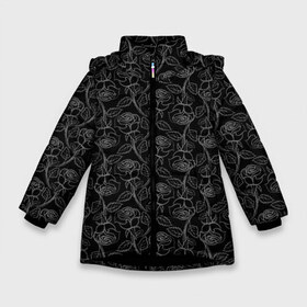 Зимняя куртка для девочек 3D с принтом Розы Tattoo style в Новосибирске, ткань верха — 100% полиэстер; подклад — 100% полиэстер, утеплитель — 100% полиэстер. | длина ниже бедра, удлиненная спинка, воротник стойка и отстегивающийся капюшон. Есть боковые карманы с листочкой на кнопках, утяжки по низу изделия и внутренний карман на молнии. 

Предусмотрены светоотражающий принт на спинке, радужный светоотражающий элемент на пуллере молнии и на резинке для утяжки. | Тематика изображения на принте: flower | flowers | rose | roses | style | tattoo | роза | розочка | тату | текстура | узор | цветы