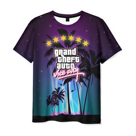 Мужская футболка 3D с принтом GTA Vice City в Новосибирске, 100% полиэфир | прямой крой, круглый вырез горловины, длина до линии бедер | 5 звезд | auto | grand | gta | theft | vice city |   лето | вай сити | вертолеты | гта | звезды | логотип | надпись | пальмы | пляжная | рисунок | розыск | рубашка | томми версетти