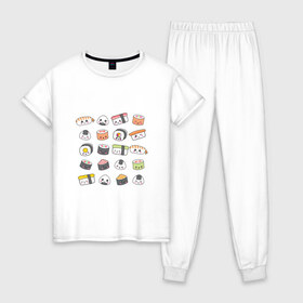 Женская пижама хлопок с принтом Sushi в Новосибирске, 100% хлопок | брюки и футболка прямого кроя, без карманов, на брюках мягкая резинка на поясе и по низу штанин | Тематика изображения на принте: anime | fastfood | food | japan | roll | sushi | susi | аниме | роллы | суши | фастфуд | япония