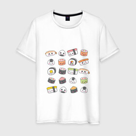 Мужская футболка хлопок с принтом Sushi в Новосибирске, 100% хлопок | прямой крой, круглый вырез горловины, длина до линии бедер, слегка спущенное плечо. | anime | fastfood | food | japan | roll | sushi | susi | аниме | роллы | суши | фастфуд | япония