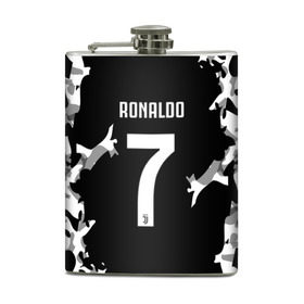 Фляга с принтом RONALDO JUVE SPORT в Новосибирске, металлический корпус | емкость 0,22 л, размер 125 х 94 мм. Виниловая наклейка запечатывается полностью | Тематика изображения на принте: cr7 | fc | football | ronaldo | sport | криштиану роналду | роналдо | фк | форма | футбольный клуб | ювентус