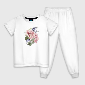 Детская пижама хлопок с принтом Розы в Новосибирске, 100% хлопок |  брюки и футболка прямого кроя, без карманов, на брюках мягкая резинка на поясе и по низу штанин
 | акварель | роза | розовые | цветы
