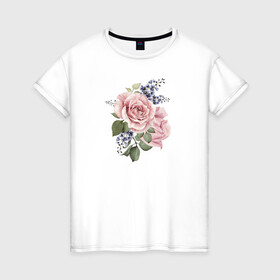 Женская футболка хлопок с принтом Розы в Новосибирске, 100% хлопок | прямой крой, круглый вырез горловины, длина до линии бедер, слегка спущенное плечо | акварель | роза | розовые | цветы