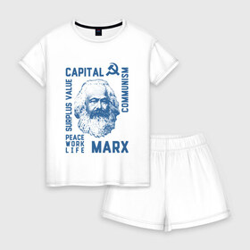 Женская пижама с шортиками хлопок с принтом Маркс в Новосибирске, 100% хлопок | футболка прямого кроя, шорты свободные с широкой мягкой резинкой | communizm | life | marx | peace | work | жизнь | карл маркс | коммунизм | май | мир | о.м.с.к. | прибавочная | стоимость | труд