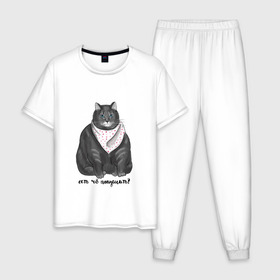 Мужская пижама хлопок с принтом Есть покушать? в Новосибирске, 100% хлопок | брюки и футболка прямого кроя, без карманов, на брюках мягкая резинка на поясе и по низу штанин
 | Тематика изображения на принте: еда | кот | кушать | мем | черешня
