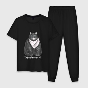 Мужская пижама хлопок с принтом Голодный кот в Новосибирске, 100% хлопок | брюки и футболка прямого кроя, без карманов, на брюках мягкая резинка на поясе и по низу штанин
 | еда | кот | кушать | мем | черешня