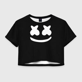 Женская футболка 3D укороченная с принтом Marshmello black в Новосибирске, 100% полиэстер | круглая горловина, длина футболки до линии талии, рукава с отворотами | dj | dj marshmello | marshmello | клуб | клубная музыка | музыка