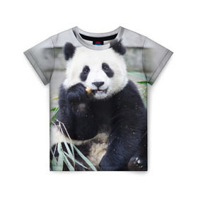 Детская футболка 3D с принтом Большая панда в Новосибирске, 100% гипоаллергенный полиэфир | прямой крой, круглый вырез горловины, длина до линии бедер, чуть спущенное плечо, ткань немного тянется | бамбук | белый | джунгли | дикое | животное | китай | лес | медведь | черный