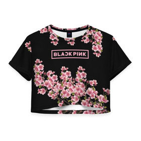 Женская футболка Cropp-top с принтом BlackPink sakura в Новосибирске, 100% полиэстер | круглая горловина, длина футболки до линии талии, рукава с отворотами | black  pink | blackpink | jennie | jisoo | k pop | lalisa | sakura | группа | к поп | корейская группа | розовый | сакура | черный