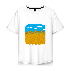 Мужская футболка хлопок Oversize с принтом Украина в колосьях в Новосибирске, 100% хлопок | свободный крой, круглый ворот, “спинка” длиннее передней части | жёлтый | колосья | небо | облака | пиксельный | поле | синий