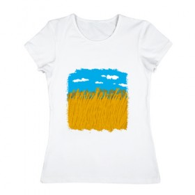 Женская футболка хлопок с принтом Украина в колосьях в Новосибирске, 100% хлопок | прямой крой, круглый вырез горловины, длина до линии бедер, слегка спущенное плечо | жёлтый | колосья | небо | облака | пиксельный | поле | синий