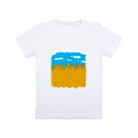 Детская футболка хлопок с принтом Украина в колосьях в Новосибирске, 100% хлопок | круглый вырез горловины, полуприлегающий силуэт, длина до линии бедер | Тематика изображения на принте: жёлтый | колосья | небо | облака | пиксельный | поле | синий