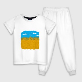 Детская пижама хлопок с принтом Украина в колосьях в Новосибирске, 100% хлопок |  брюки и футболка прямого кроя, без карманов, на брюках мягкая резинка на поясе и по низу штанин
 | жёлтый | колосья | небо | облака | пиксельный | поле | синий