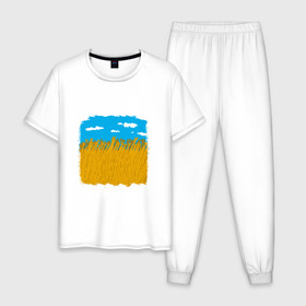 Мужская пижама хлопок с принтом Украина в колосьях в Новосибирске, 100% хлопок | брюки и футболка прямого кроя, без карманов, на брюках мягкая резинка на поясе и по низу штанин
 | жёлтый | колосья | небо | облака | пиксельный | поле | синий