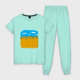 Женская пижама хлопок с принтом Украина в колосьях в Новосибирске, 100% хлопок | брюки и футболка прямого кроя, без карманов, на брюках мягкая резинка на поясе и по низу штанин | жёлтый | колосья | небо | облака | пиксельный | поле | синий