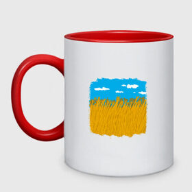 Кружка двухцветная с принтом Украина в колосьях в Новосибирске, керамика | объем — 330 мл, диаметр — 80 мм. Цветная ручка и кайма сверху, в некоторых цветах — вся внутренняя часть | жёлтый | колосья | небо | облака | пиксельный | поле | синий
