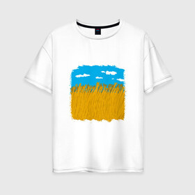 Женская футболка хлопок Oversize с принтом Украина в колосьях в Новосибирске, 100% хлопок | свободный крой, круглый ворот, спущенный рукав, длина до линии бедер
 | жёлтый | колосья | небо | облака | пиксельный | поле | синий
