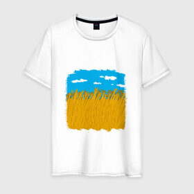Мужская футболка хлопок с принтом Украина в колосьях в Новосибирске, 100% хлопок | прямой крой, круглый вырез горловины, длина до линии бедер, слегка спущенное плечо. | Тематика изображения на принте: жёлтый | колосья | небо | облака | пиксельный | поле | синий