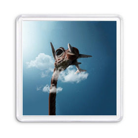 Магнит 55*55 с принтом Жираф и самолет в Новосибирске, Пластик | Размер: 65*65 мм; Размер печати: 55*55 мм | Тематика изображения на принте: животные | жираф | небо | облака | природа | самолет | солнце | юмор