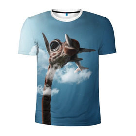 Мужская футболка 3D спортивная с принтом Жираф и самолет в Новосибирске, 100% полиэстер с улучшенными характеристиками | приталенный силуэт, круглая горловина, широкие плечи, сужается к линии бедра | животные | жираф | небо | облака | природа | самолет | солнце | юмор