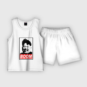Детская пижама с шортами хлопок с принтом BOOM КИМ ЧЕН ЫН в Новосибирске,  |  | Тематика изображения на принте: boom | kim chen eun | mems | ким чен ын | кнр | мемы | северная корея | ядерные ракеты