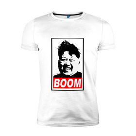 Мужская футболка премиум с принтом BOOM КИМ ЧЕН ЫН в Новосибирске, 92% хлопок, 8% лайкра | приталенный силуэт, круглый вырез ворота, длина до линии бедра, короткий рукав | Тематика изображения на принте: boom | kim chen eun | mems | ким чен ын | кнр | мемы | северная корея | ядерные ракеты