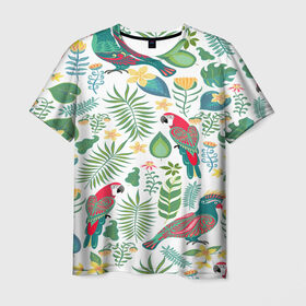Мужская футболка 3D с принтом Попугаи в Новосибирске, 100% полиэфир | прямой крой, круглый вырез горловины, длина до линии бедер | jungle | деревья | джунгли | зелень | кусты | лес | мох | океан | пальмы | пляж | тропики | экзотика