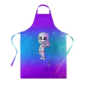 Фартук 3D с принтом Marshmello в Новосибирске, 100% полиэстер | общий размер — 65 х 85 см, ширина нагрудника — 26 см, горловина — 53 см, длина завязок — 54 см, общий обхват в поясе — 173 см. Принт на завязках и на горловине наносится с двух сторон, на основной части фартука — только с внешней стороны | 