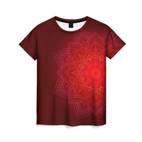 Женская футболка 3D с принтом Красная мандала в Новосибирске, 100% полиэфир ( синтетическое хлопкоподобное полотно) | прямой крой, круглый вырез горловины, длина до линии бедер | Тематика изображения на принте: символ | узор | цветок