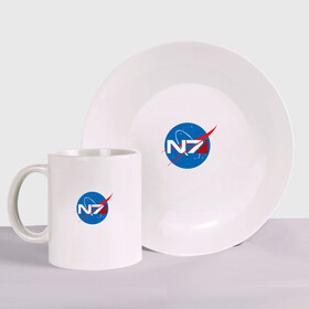 Набор: тарелка + кружка с принтом NASA N7 MASS EFFECT в Новосибирске, керамика | Кружка: объем — 330 мл, диаметр — 80 мм. Принт наносится на бока кружки, можно сделать два разных изображения. 
Тарелка: диаметр - 210 мм, диаметр для нанесения принта - 120 мм. | Тематика изображения на принте: logo | n7 | nasa | space | логотип | масс эффект | н7 | наса
