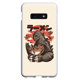 Чехол для Samsung S10E с принтом GODZILLA КУШАЕТ в Новосибирске, Силикон | Область печати: задняя сторона чехла, без боковых панелей | Тематика изображения на принте: comic con | godzilla | gojira | logo | годзилла | знаки | иероглифы | лого | монстр | фильм | чудовище