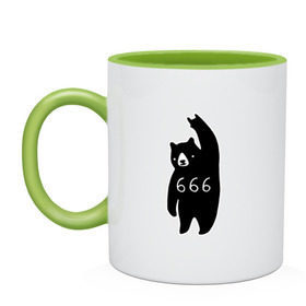 Кружка двухцветная с принтом BAD BEAR 666 ROCK в Новосибирске, керамика | объем — 330 мл, диаметр — 80 мм. Цветная ручка и кайма сверху, в некоторых цветах — вся внутренняя часть | Тематика изображения на принте: 666 | bear | devil | satan | медведь | сатана