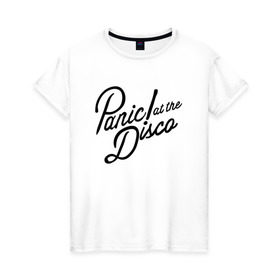 Женская футболка хлопок с принтом Panic at the disco logo в Новосибирске, 100% хлопок | прямой крой, круглый вырез горловины, длина до линии бедер, слегка спущенное плечо | Тематика изображения на принте: brendon urie | patd | spencer smith | tyan ross