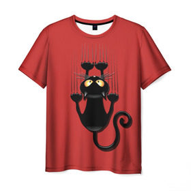 Мужская футболка 3D с принтом Черный Кот в Новосибирске, 100% полиэфир | прямой крой, круглый вырез горловины, длина до линии бедер | black | cat | cats | кот | котенок | коты | кошка | кошки | красный | черная
