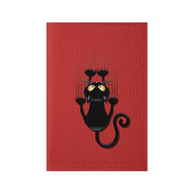 Обложка для паспорта матовая кожа с принтом Черный Кот в Новосибирске, натуральная матовая кожа | размер 19,3 х 13,7 см; прозрачные пластиковые крепления | Тематика изображения на принте: black | cat | cats | кот | котенок | коты | кошка | кошки | красный | черная