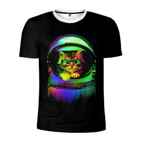 Мужская футболка 3D спортивная с принтом Котик в Космосе в Новосибирске, 100% полиэстер с улучшенными характеристиками | приталенный силуэт, круглая горловина, широкие плечи, сужается к линии бедра | cat | cats | cute | kitty | rainbow | space | spaceman | космонавт | космос | кот | котенок | коты | кошка | кошки | очки | радуга | скафандр | шлем