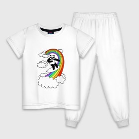 Детская пижама хлопок с принтом ПАНДА НА РАДУГЕ в Новосибирске, 100% хлопок |  брюки и футболка прямого кроя, без карманов, на брюках мягкая резинка на поясе и по низу штанин
 | cloud | mem | panda | rainbow | serfing | мем | облака | панда | радуга | серфинг | юмор