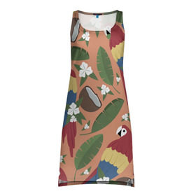 Платье-майка 3D с принтом Попугайчики в Новосибирске, 100% полиэстер | полуприлегающий силуэт, широкие бретели, круглый вырез горловины, удлиненный подол сзади. | джунгли | жара | кокосы | лето | отпуск | попугайчики | птицы | путушествия | цветы