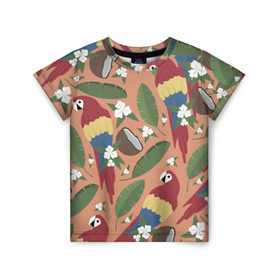 Детская футболка 3D с принтом Попугайчики в Новосибирске, 100% гипоаллергенный полиэфир | прямой крой, круглый вырез горловины, длина до линии бедер, чуть спущенное плечо, ткань немного тянется | Тематика изображения на принте: джунгли | жара | кокосы | лето | отпуск | попугайчики | птицы | путушествия | цветы