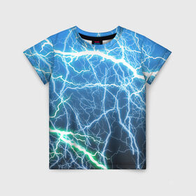 Детская футболка 3D с принтом РАЗРЯДЫ МОЛНИЙ в Новосибирске, 100% гипоаллергенный полиэфир | прямой крой, круглый вырез горловины, длина до линии бедер, чуть спущенное плечо, ткань немного тянется | blue | epic | green | lightning | rain | storm | stripes | texture | thunder | гроза | гром | дождь | зеленый | линии | молнии | молния | пафосные | полосы | разряды | синий | текстура | шторм | эпичные | яркие
